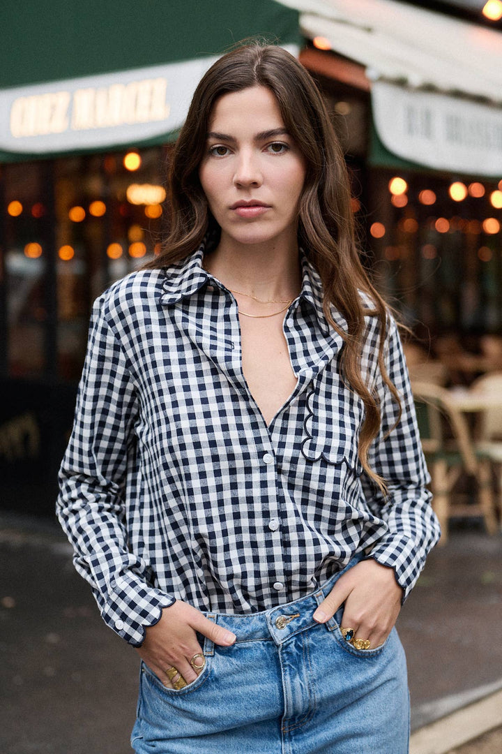 Scallop Blue Gingham print cotton shirt-Shirts & Tops-LNH Edit