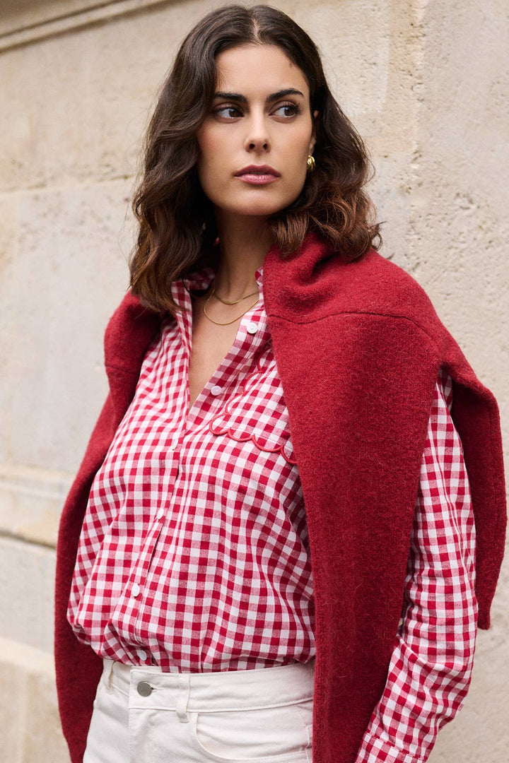 Scallop Red Gingham print cotton shirt-Shirts & Tops-LNH Edit