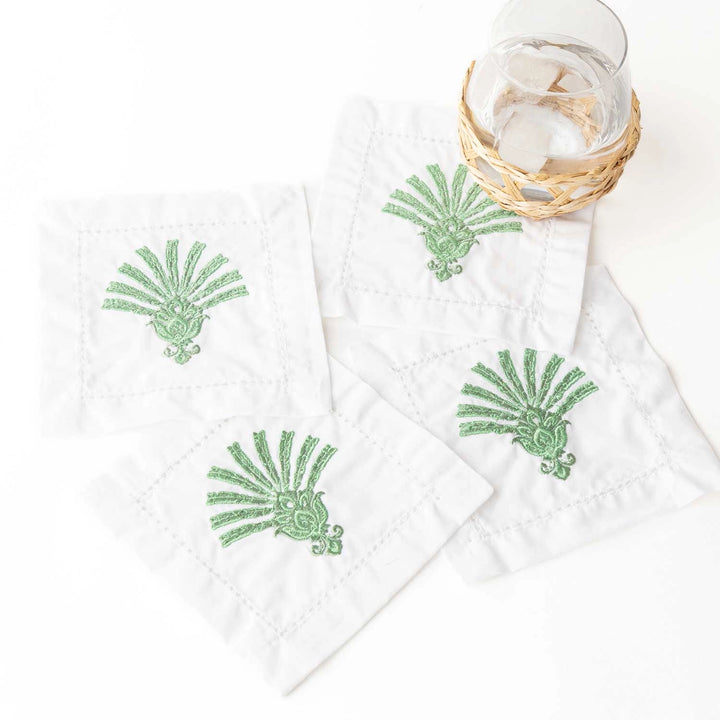 Deco Palm Embroidered Cocktail Napkin Set-Paper Napkins-LNH Edit
