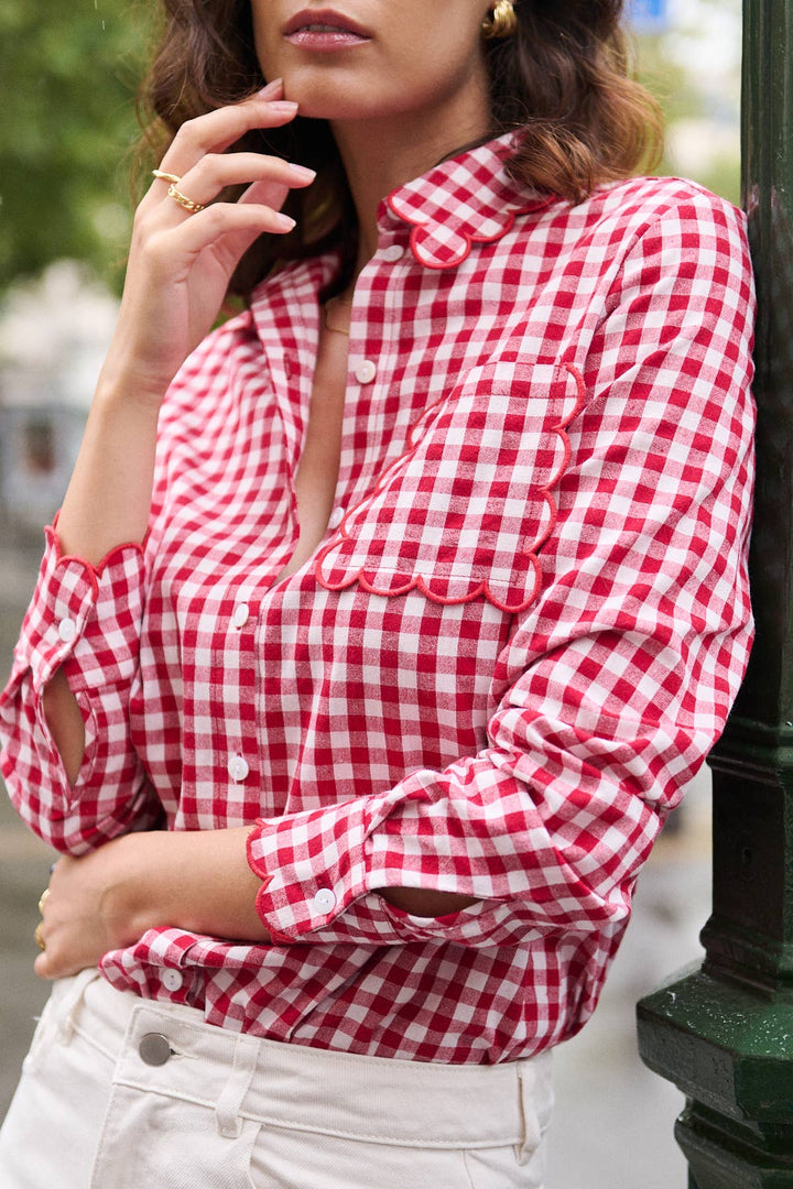Scallop Red Gingham print cotton shirt-Shirts & Tops-LNH Edit