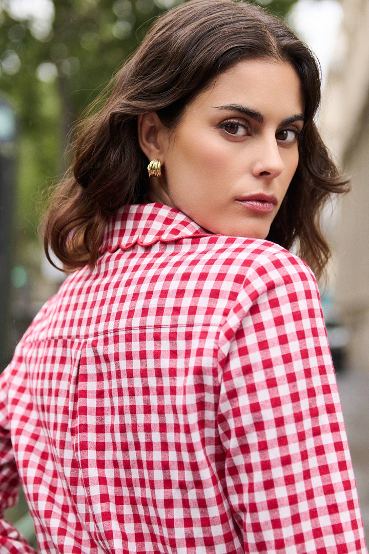 Scallop Red Gingham print cotton shirt-Shirts & Tops-LNH Edit