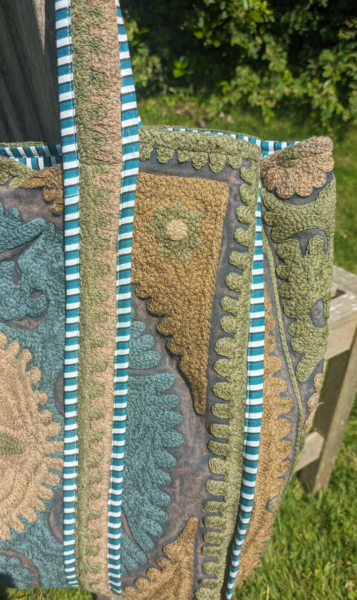Green & Brown Suzani Tote – Artisan-Made in India-Tote Bags-LNH Edit