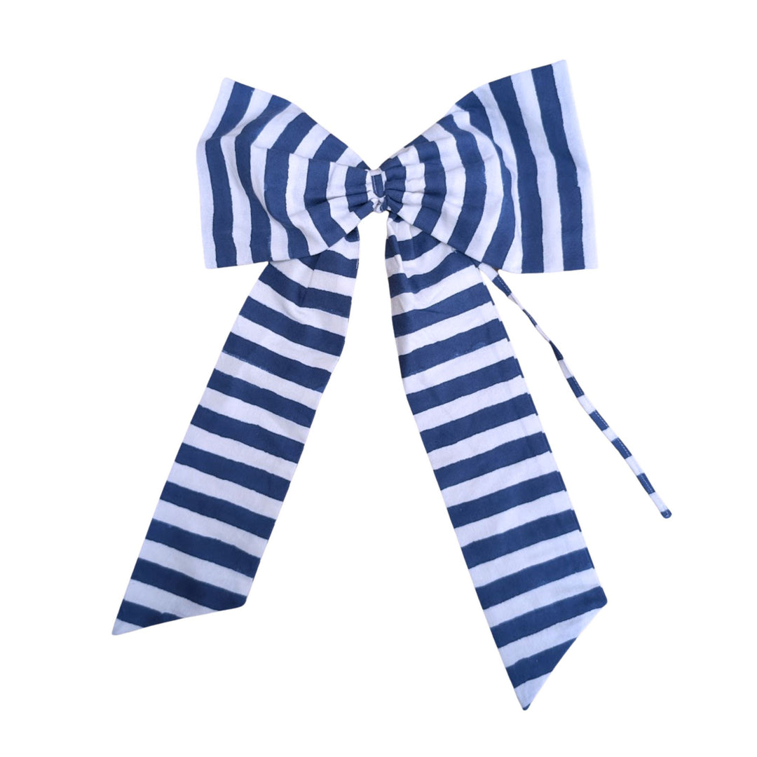 LNH Edit Iris blue striped handmade cotton bow in large size, perfect for Christmas trees and festive home styling.