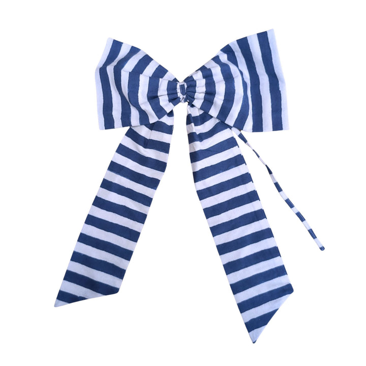 LNH Edit Iris blue striped handmade cotton bow in large size, perfect for Christmas trees and festive home styling.