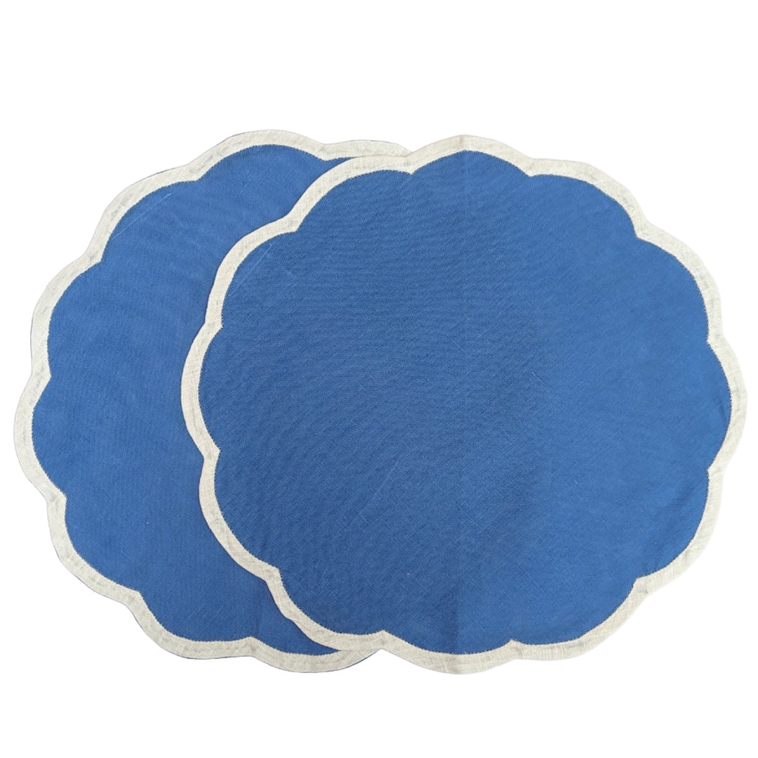 Blue Linen Scalloped Placemats, Set of 2-Placemats-LNH Edit