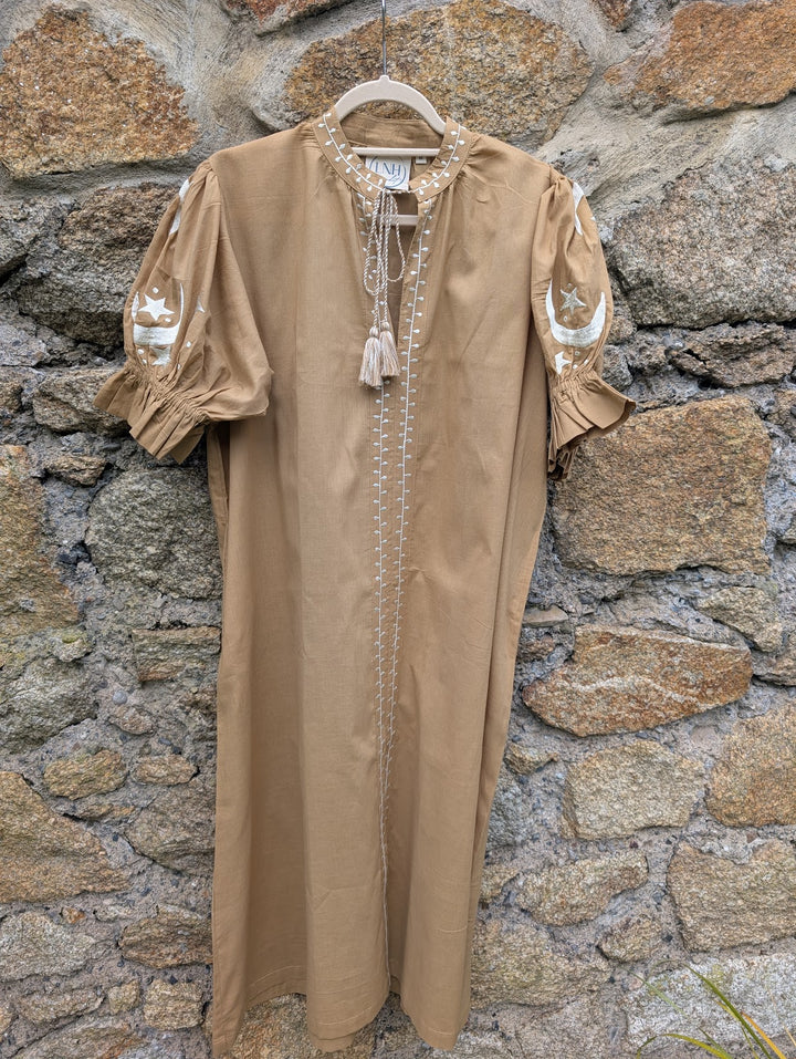 Astrid Camel Embroidered Cotton Dress – Handcrafted in Jaipur-Dresses-LNH Edit