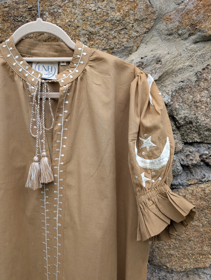 Astrid Camel Embroidered Cotton Dress – Handcrafted in Jaipur-Dresses-LNH Edit