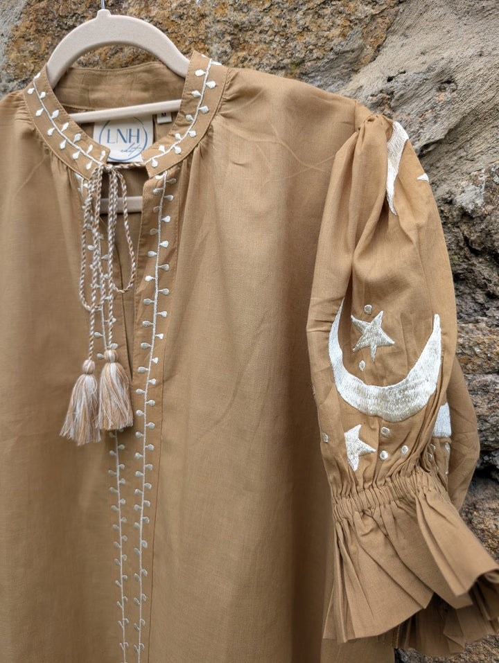 Astrid Camel Embroidered Cotton Dress – Handcrafted in Jaipur-Dresses-LNH Edit