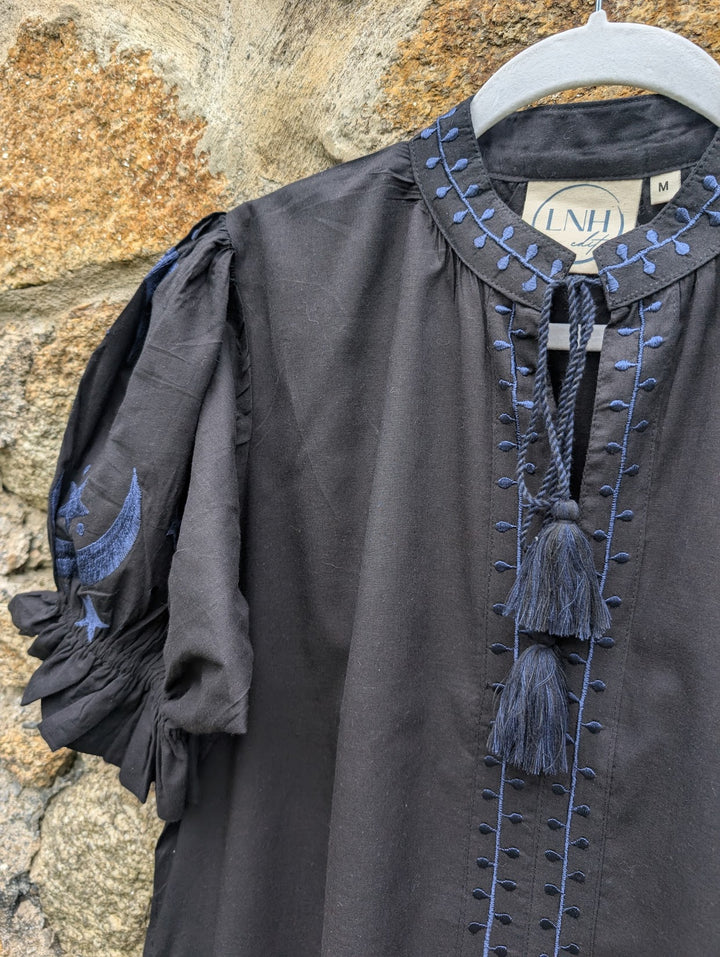 Astrid Black Embroidered Cotton Dress – Handcrafted in Jaipur-Dresses-LNH Edit