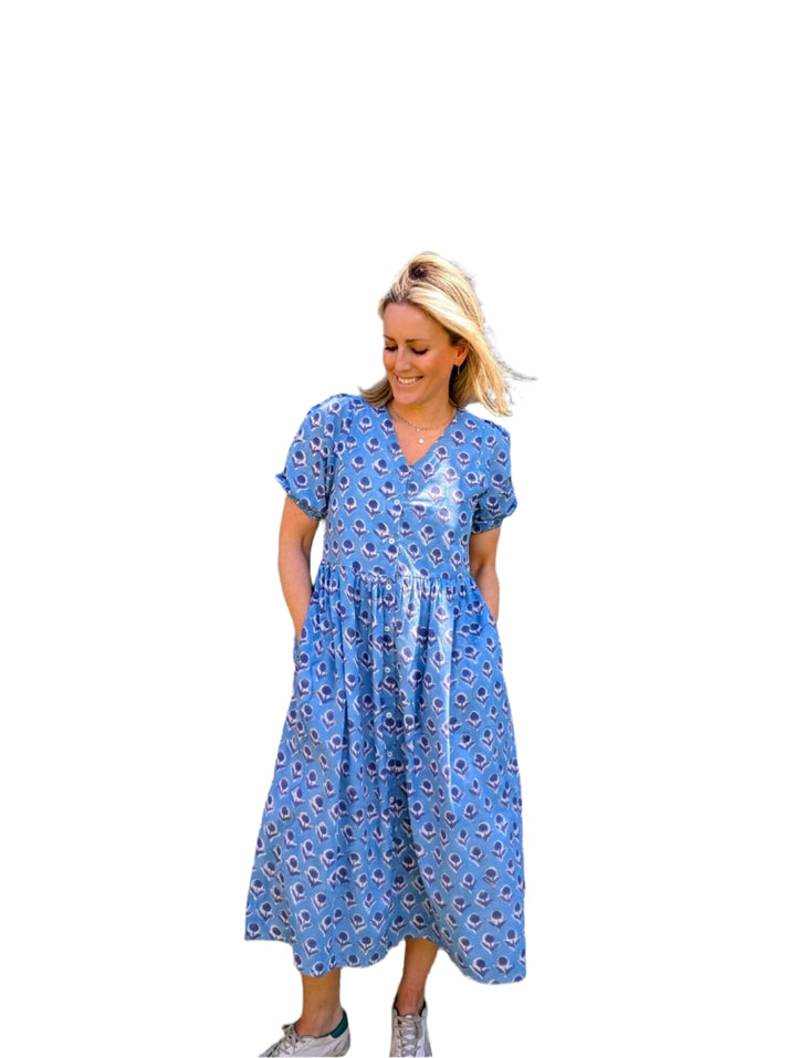 Dani Blue V-Neck Cotton Dress – Handcrafted in Jaipur-Dresses-LNH Edit