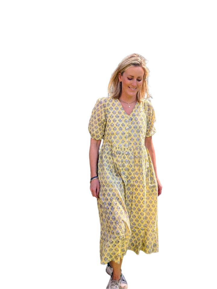 Dani Yellow V-Neck Cotton Dress – Handcrafted in Jaipur-Dresses-LNH Edit
