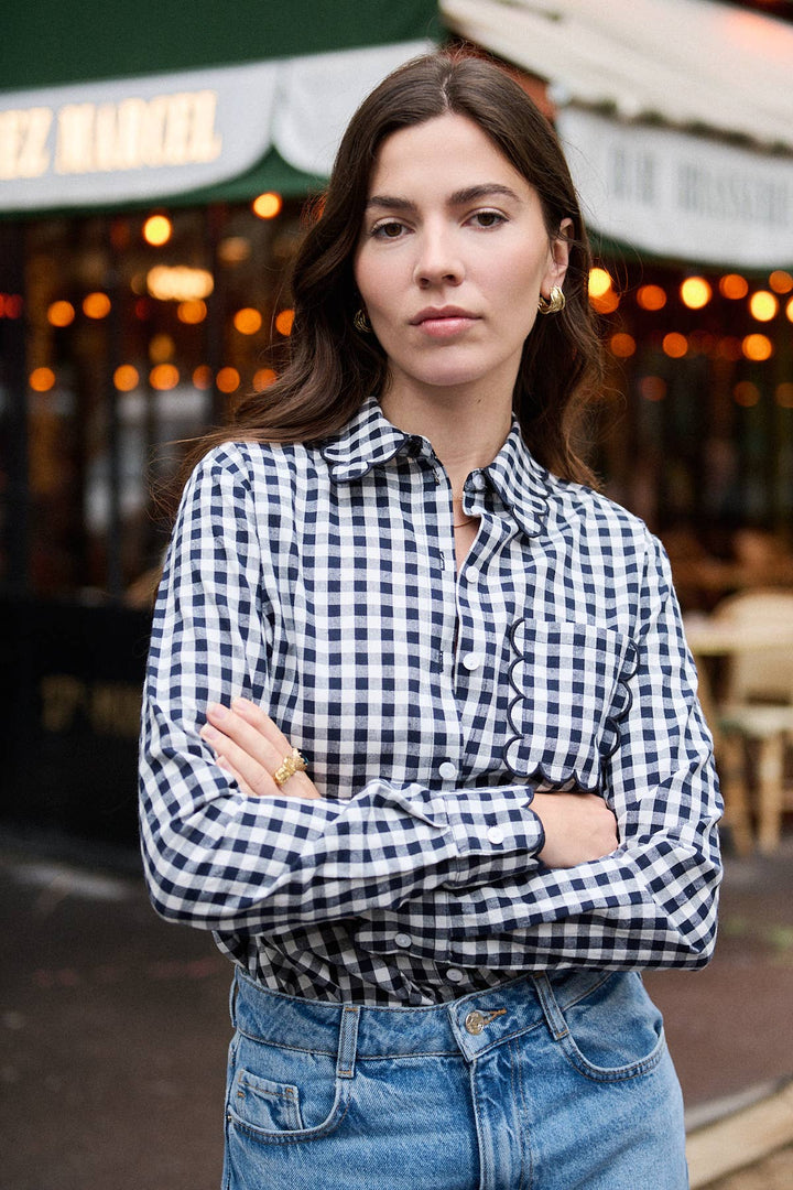 Scallop Blue Gingham print cotton shirt-Shirts & Tops-LNH Edit