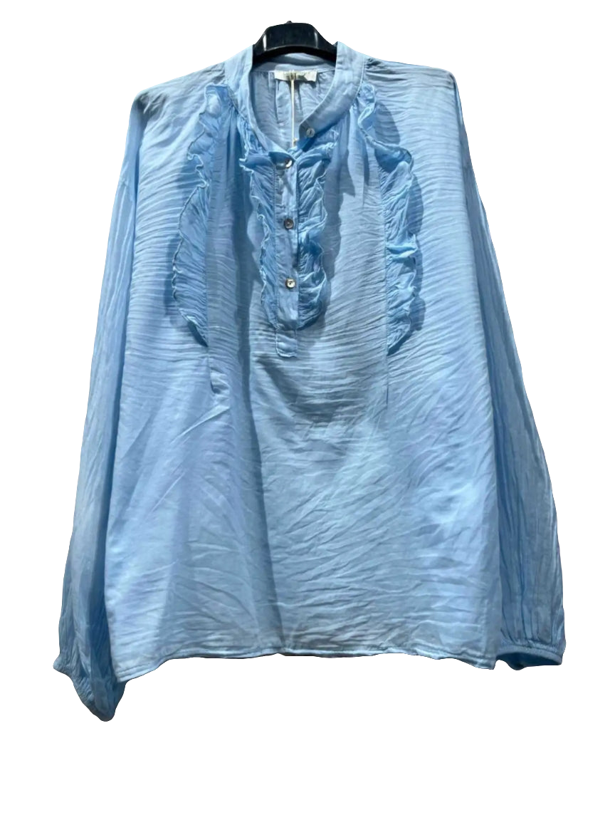 Blue Voile Cotton Frill Blouse