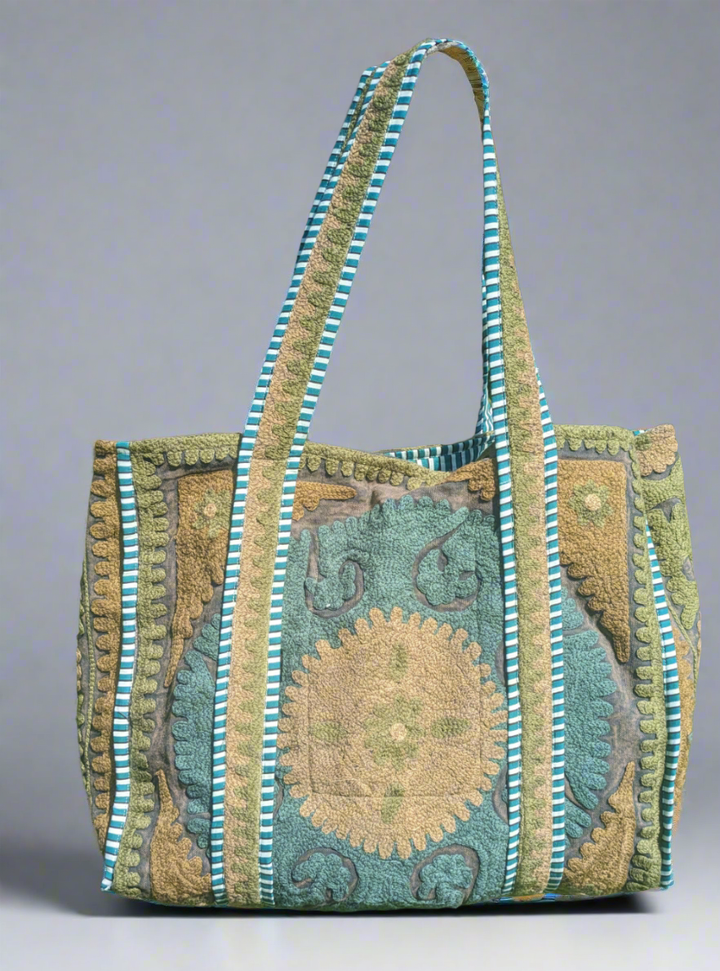 Green & Brown Suzani Tote – Artisan-Made in India-Tote Bags-LNH Edit