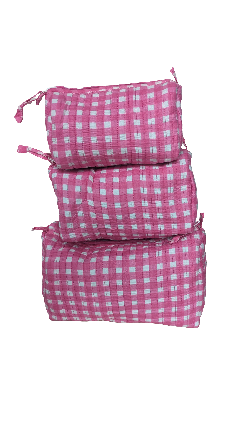 Pink gingham Cosmetic Bag- Set of 3