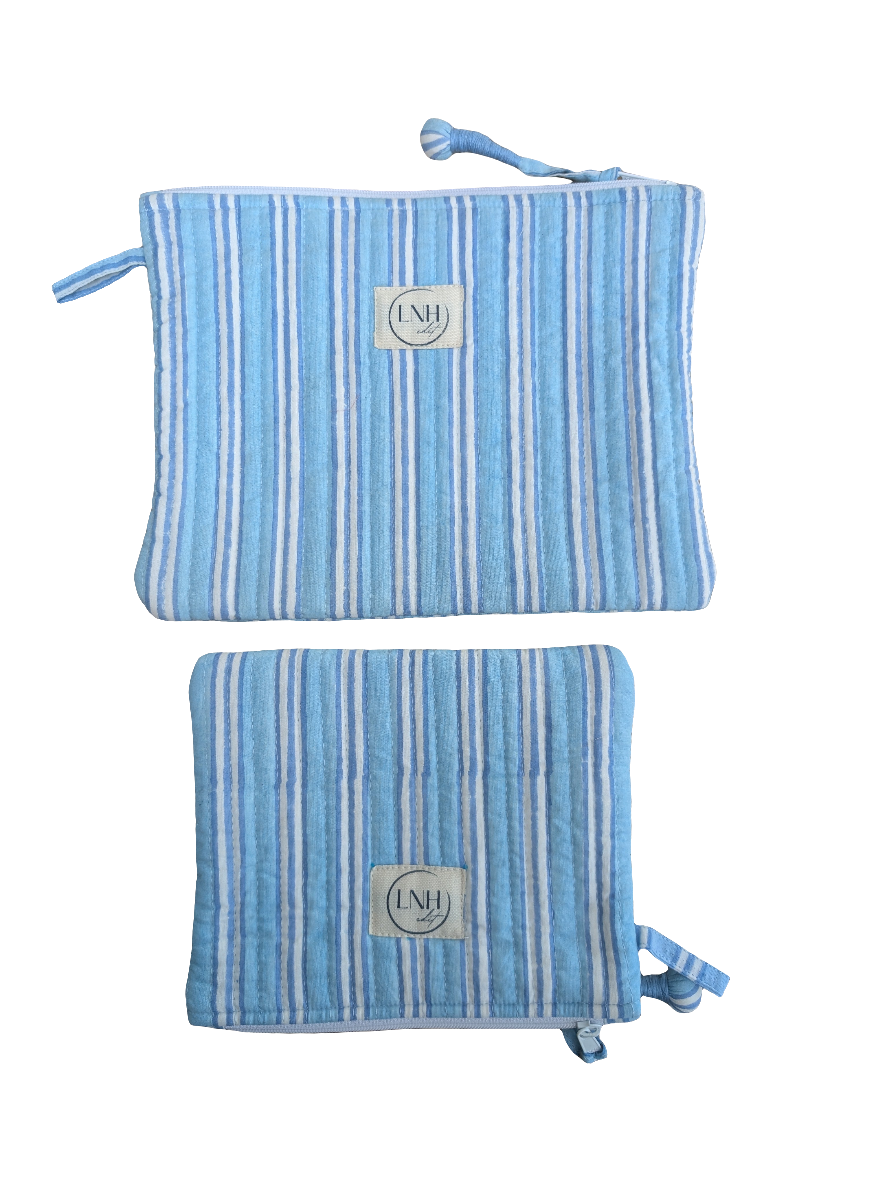 Blue Stripe Zipper Pouch, Set of 2-Wash Bags-LNH Edit