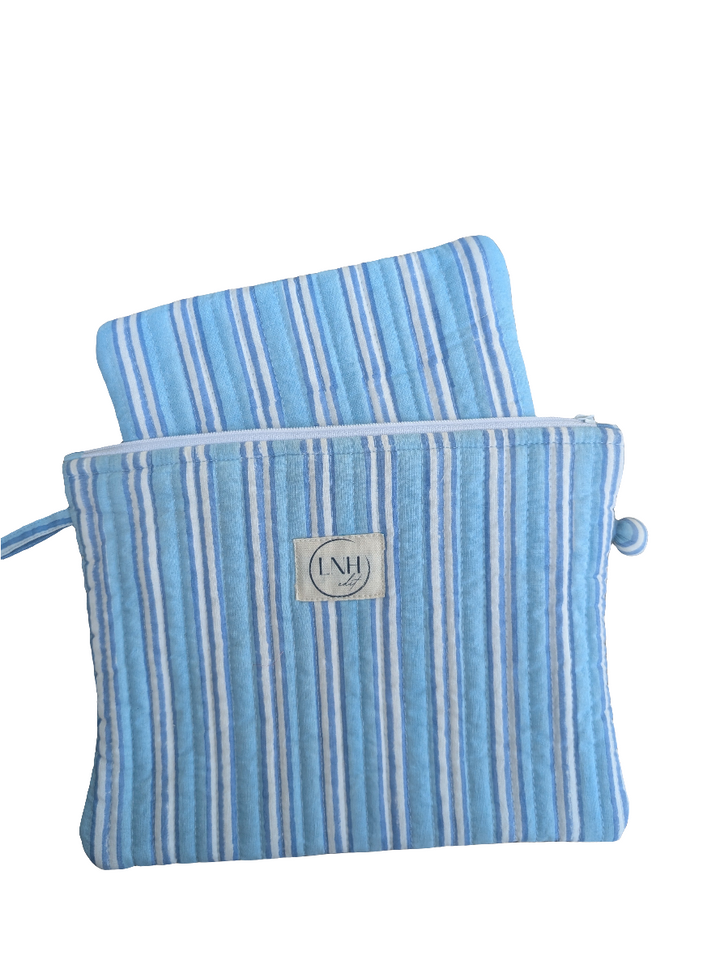 Blue Stripe Zipper Pouch, Set of 2-Wash Bags-LNH Edit