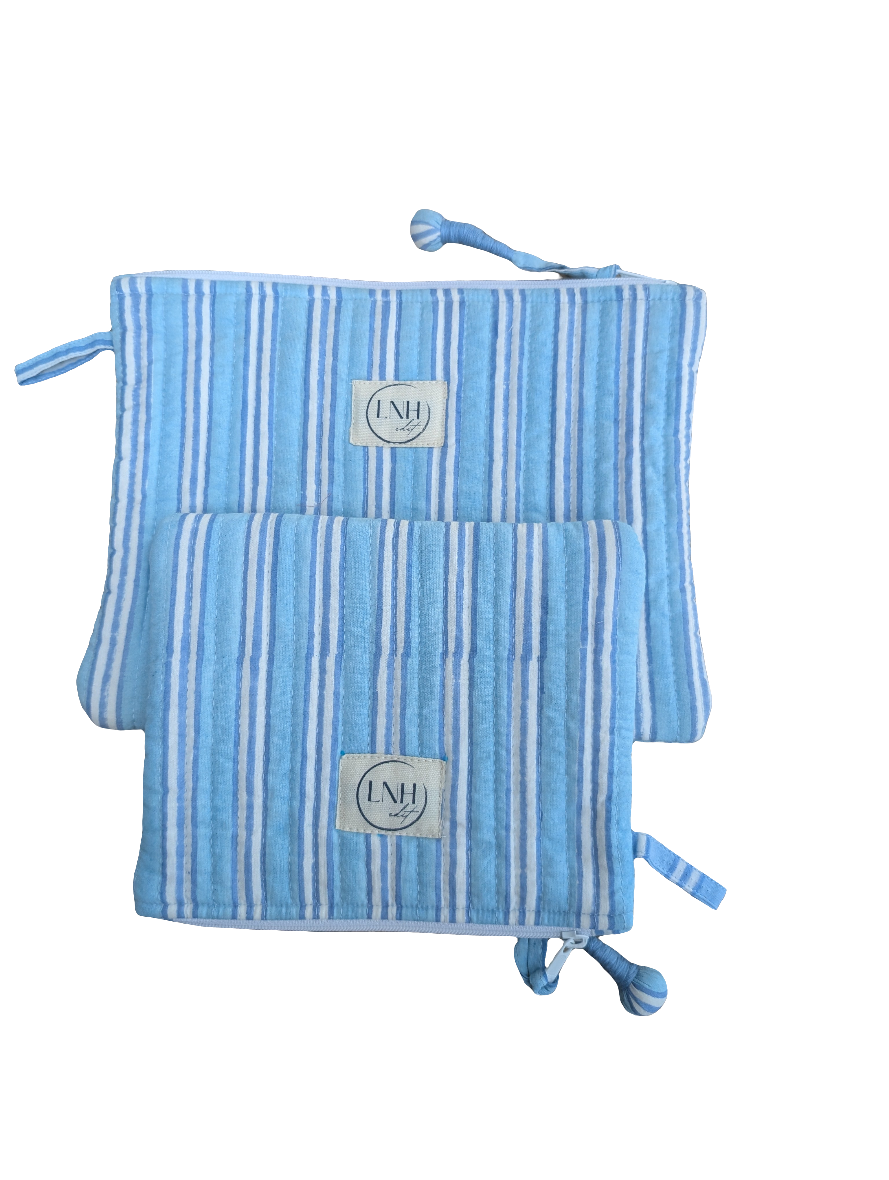 Blue Stripe Zipper Pouch, Set of 2-Wash Bags-LNH Edit