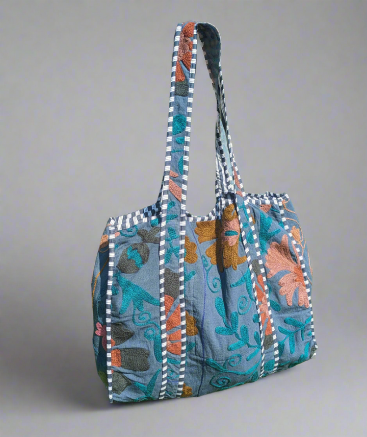 Navy hand embroidered Tote-Tote Bags-LNH Edit
