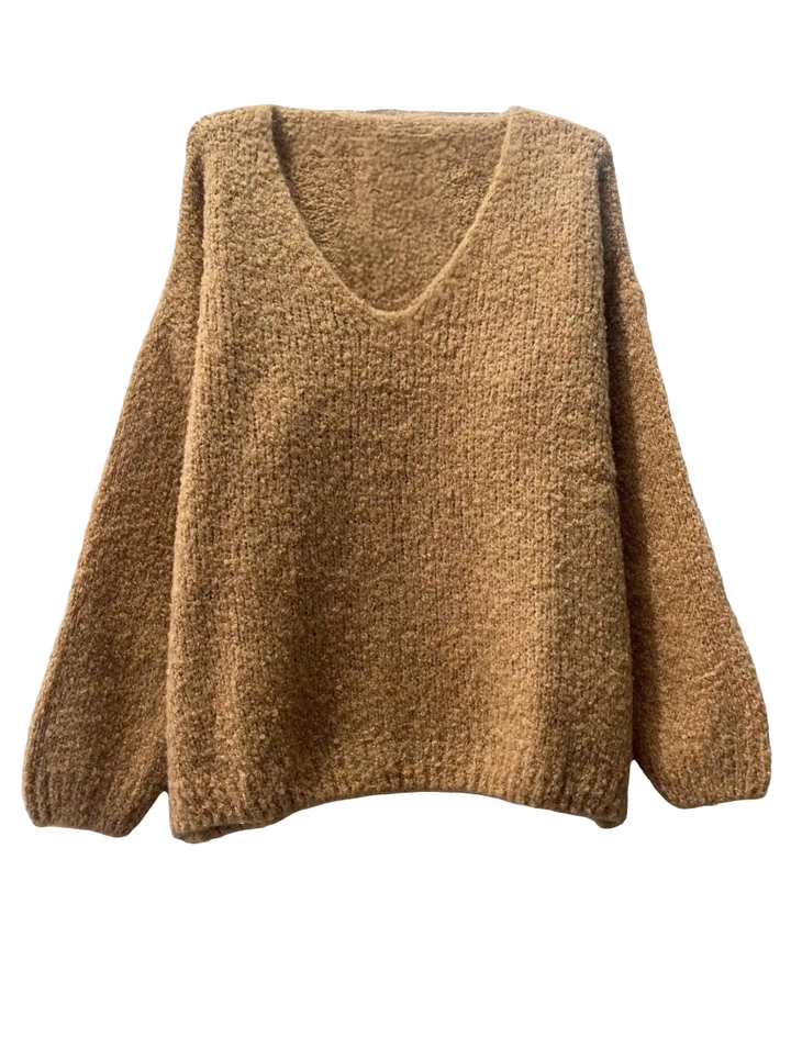 Caramel Boucle V Neck Sweater