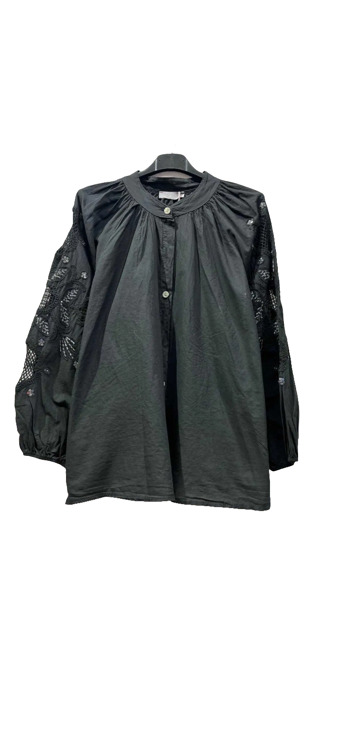 Embroidered sleeve Black Shirt-Shirts & Tops-LNH Edit