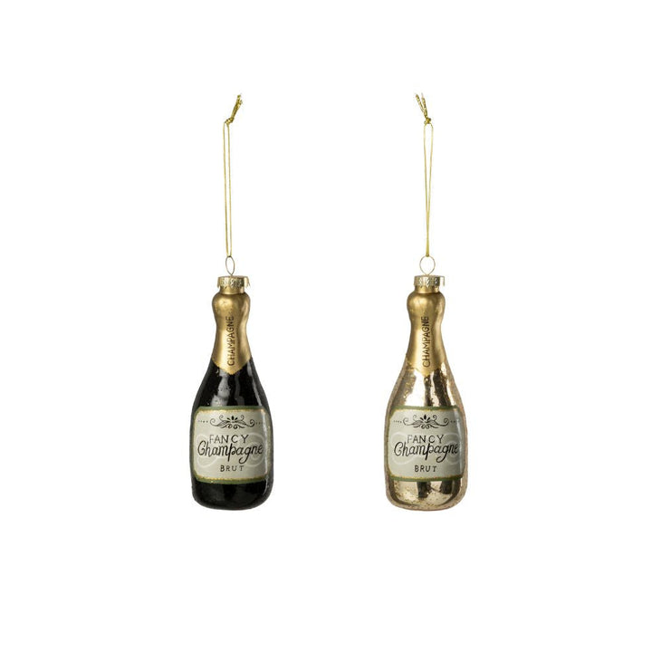 Set of black and gold champagne bottle glass ornaments, elegant Christmas décor.
