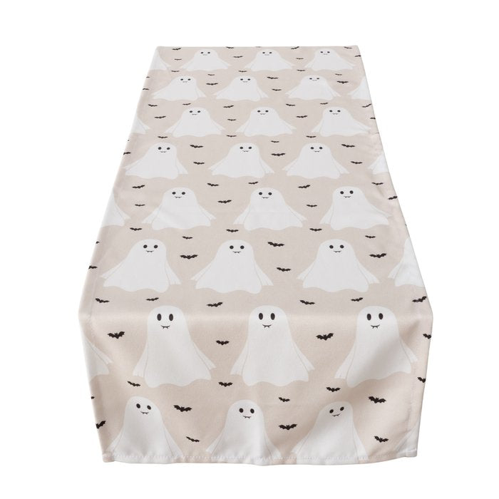 Ghostie Halloween table runner with playful ghost and bat design, 140cm long, perfect spooky décor for autumn and Halloween parties.