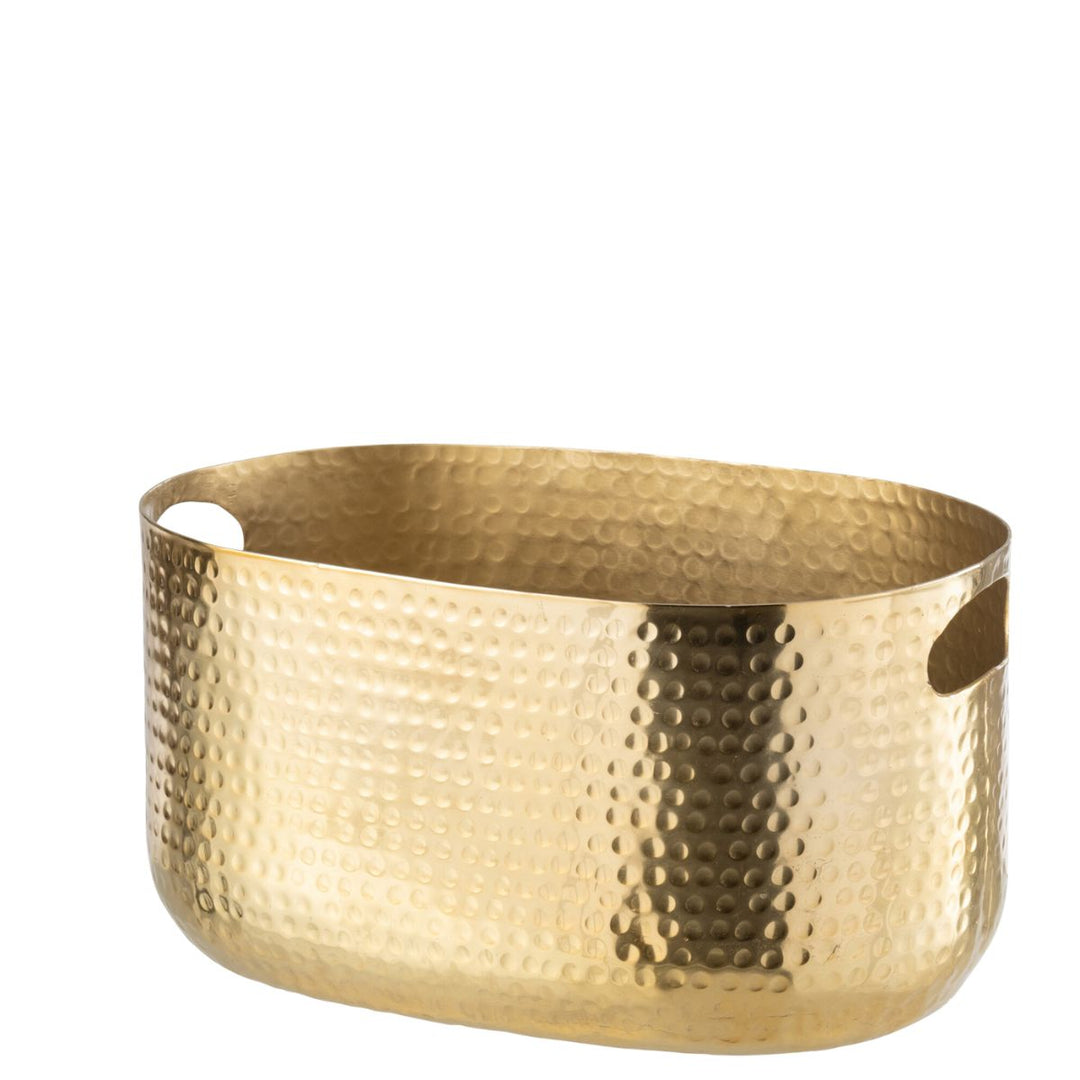 Hammered gold aluminium champagne bucket with curved handles, designed for elegant entertaining.