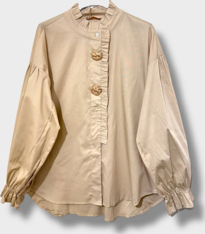 Beige Cotton Frill Shirt Gold Buttons