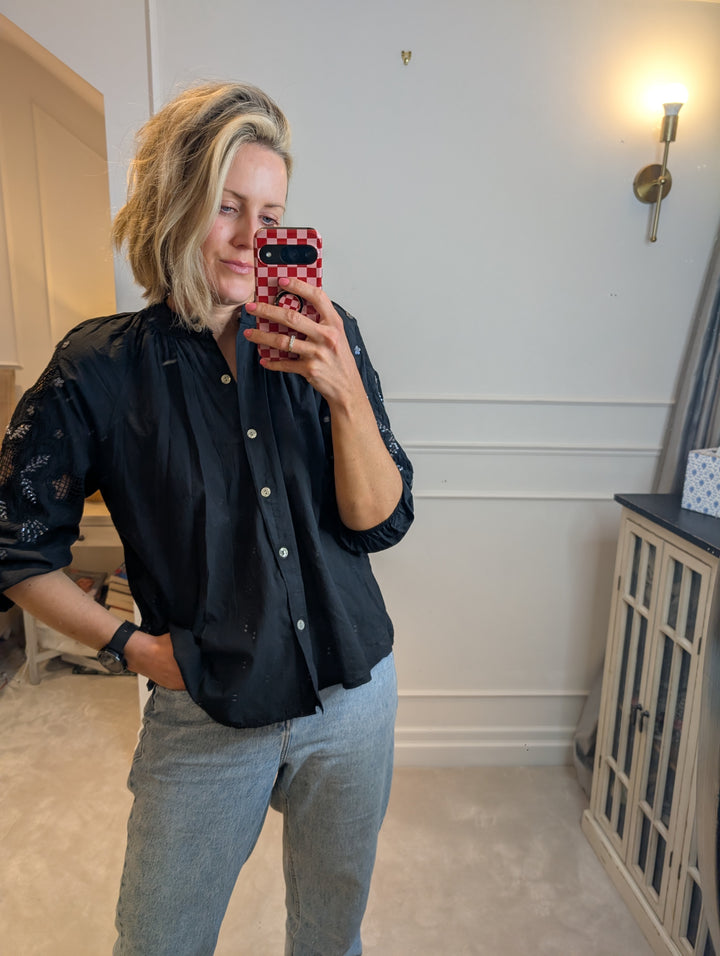 Embroidered sleeve Black Shirt-Shirts & Tops-LNH Edit