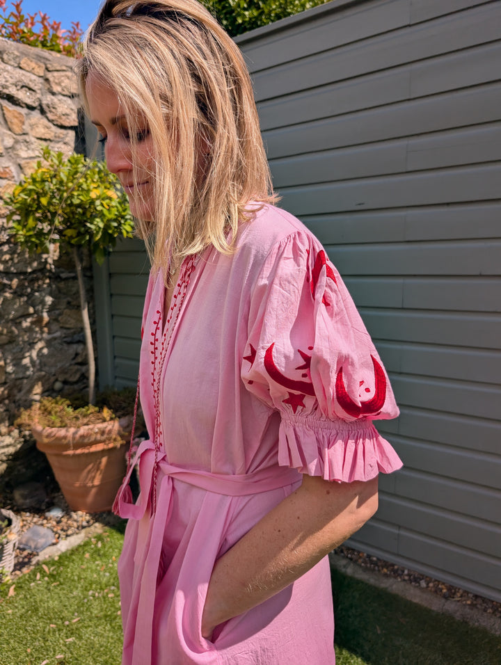 Astrid Pink Embroidered Cotton Dress – Handcrafted in Jaipur-Dresses-LNH Edit