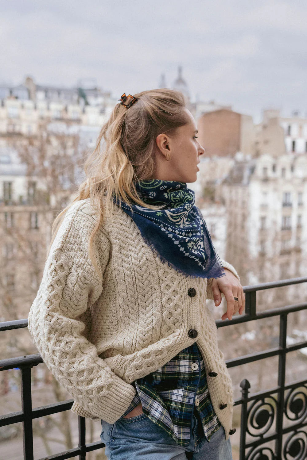 Navy Wool & Silk Blue Bandana Scarf