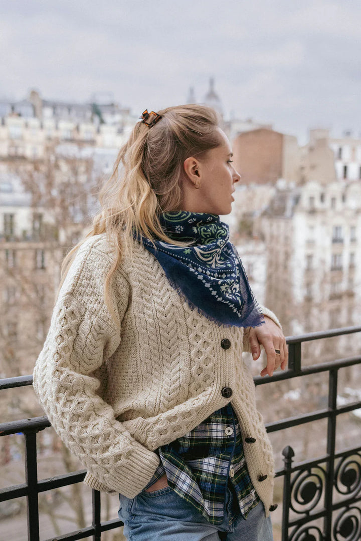 Navy Wool & Silk Blue Bandana Scarf