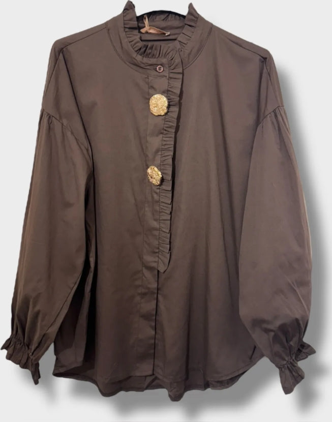 Chocolate Cotton Frill Shirt Gold Buttons