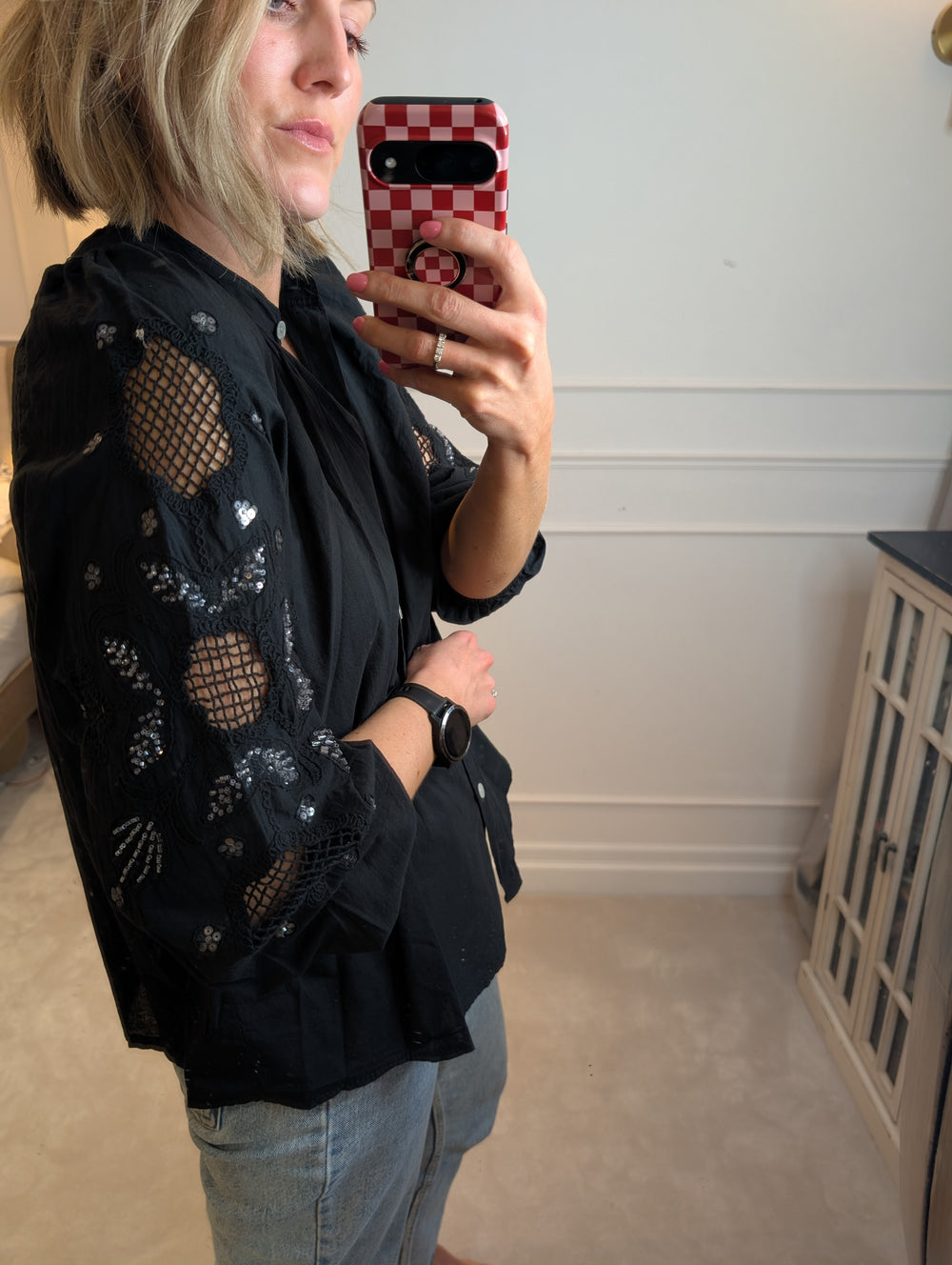 Embroidered sleeve Black Shirt-Shirts & Tops-LNH Edit