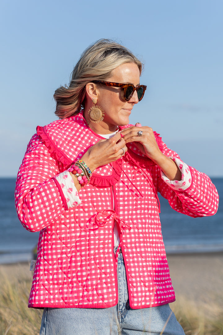 Neema Neon Pink floral Quilted Jacket with Collar-Jackets & Coats-LNH Edit