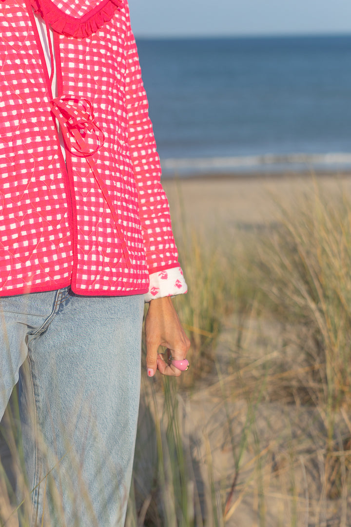 Neema Neon Pink floral Quilted Jacket with Collar-Jackets & Coats-LNH Edit