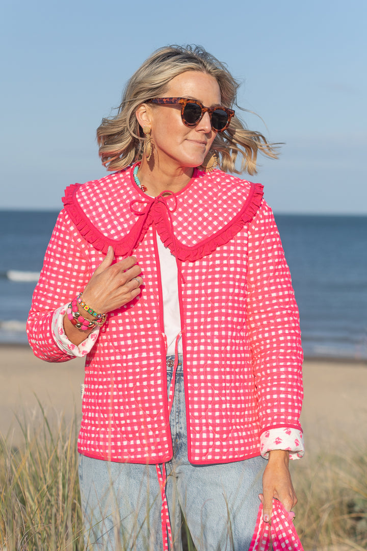 Neema Neon Pink floral Quilted Jacket with Collar-Jackets & Coats-LNH Edit