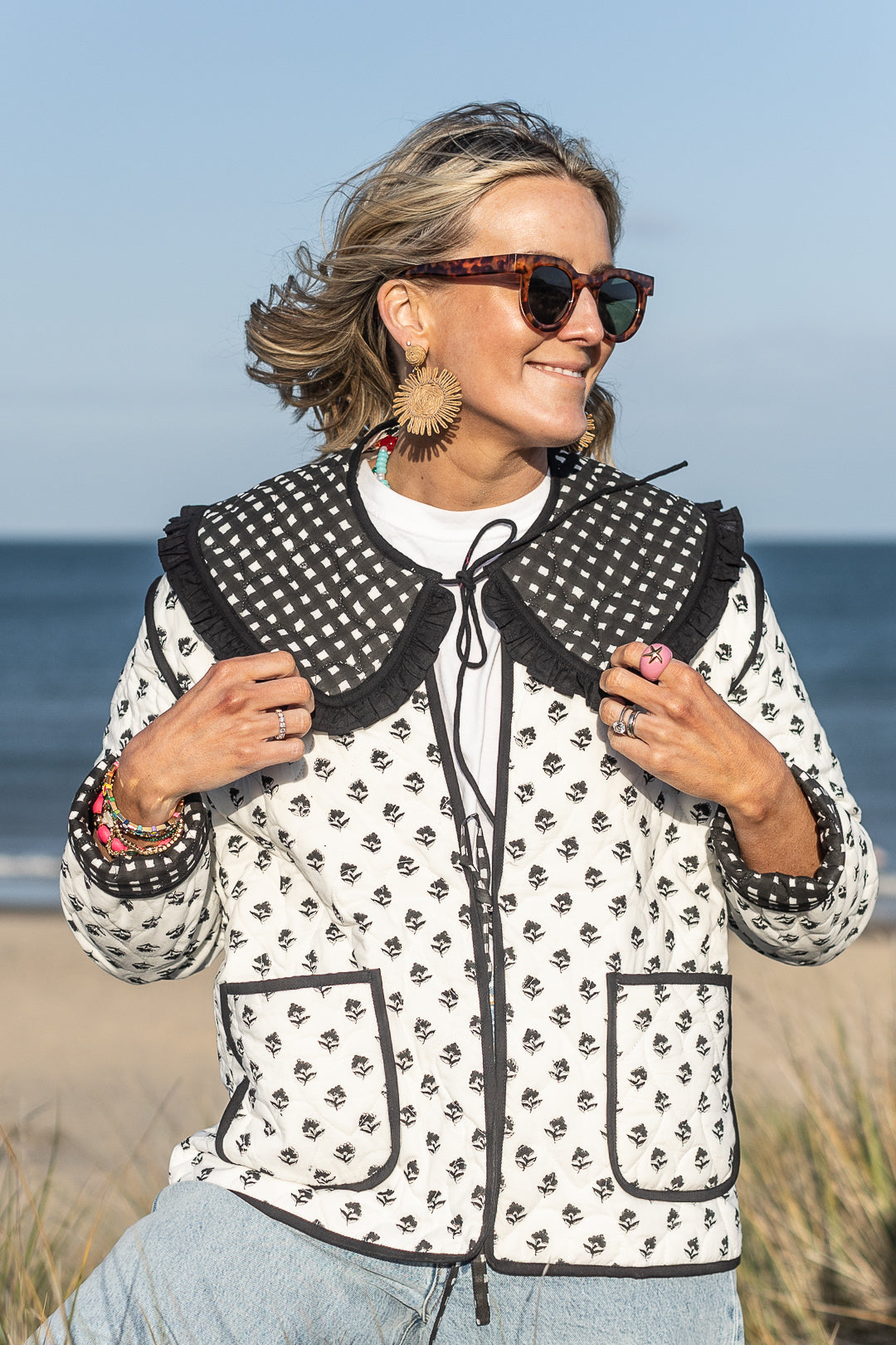Neema Black floral Quilted Jacket with Collar