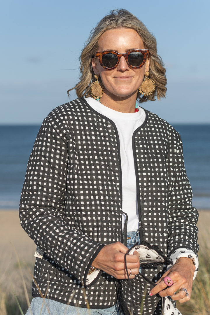 Neema Black floral Quilted Jacket with Collar