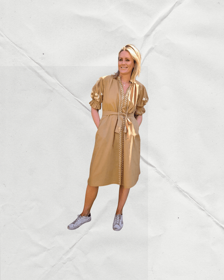 Astrid Camel Embroidered Cotton Dress – Handcrafted in Jaipur-Dresses-LNH Edit