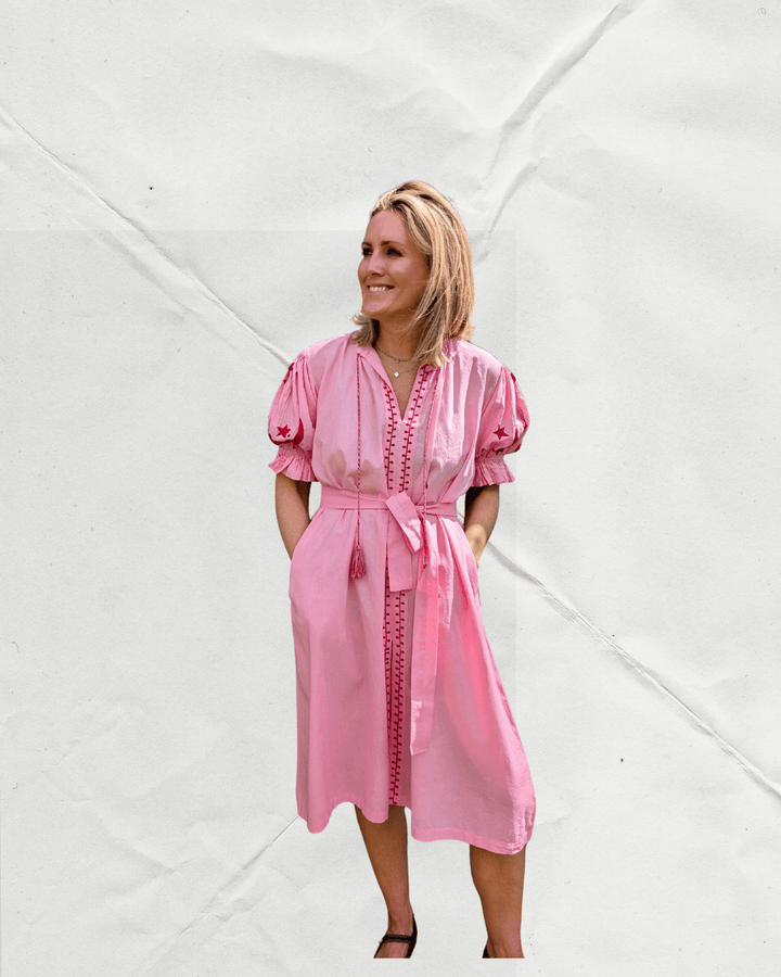 Astrid Pink Embroidered Cotton Dress – Handcrafted in Jaipur-Dresses-LNH Edit