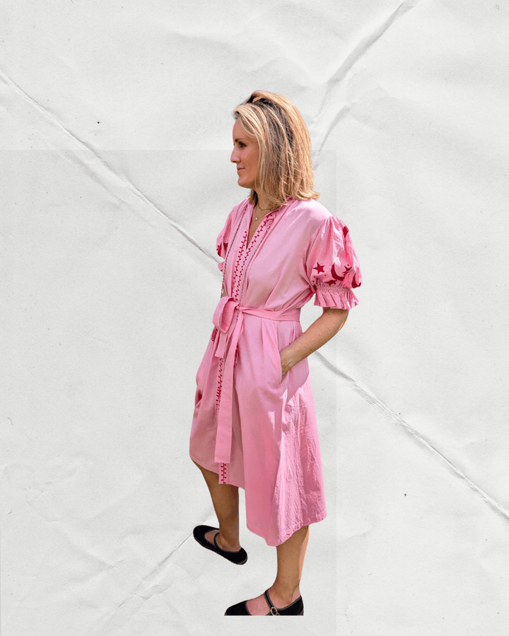 Astrid Pink Embroidered Cotton Dress – Handcrafted in Jaipur-Dresses-LNH Edit