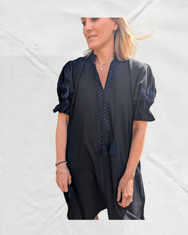 Astrid Black Embroidered Cotton Dress – Handcrafted in Jaipur-Dresses-LNH Edit
