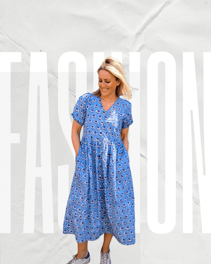 Dani Blue V-Neck Cotton Dress – Handcrafted in Jaipur-Dresses-LNH Edit