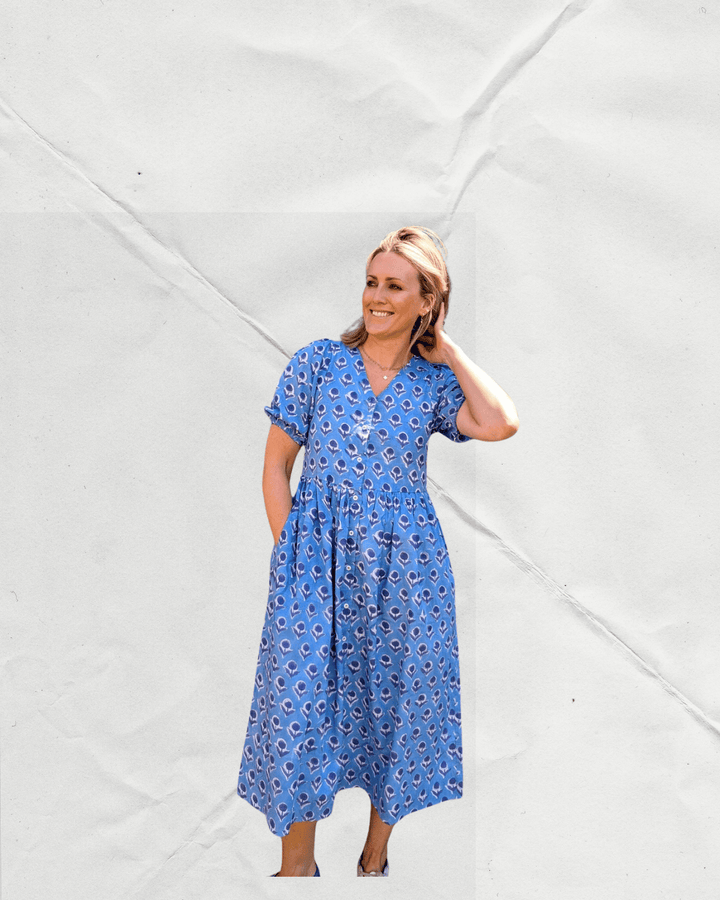Dani Blue V-Neck Cotton Dress – Handcrafted in Jaipur-Dresses-LNH Edit