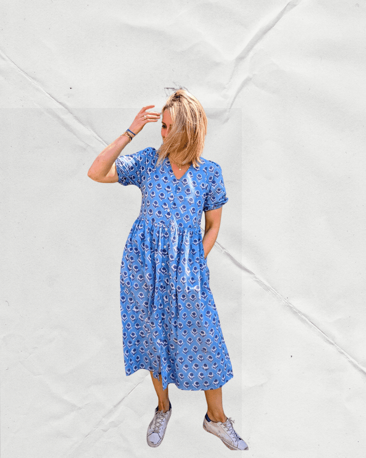 Dani Blue V-Neck Cotton Dress – Handcrafted in Jaipur-Dresses-LNH Edit