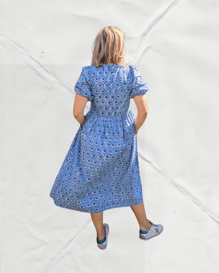Dani Blue V-Neck Cotton Dress – Handcrafted in Jaipur-Dresses-LNH Edit