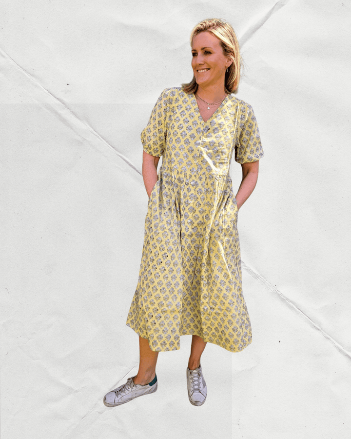 Dani Yellow V-Neck Cotton Dress – Handcrafted in Jaipur-Dresses-LNH Edit