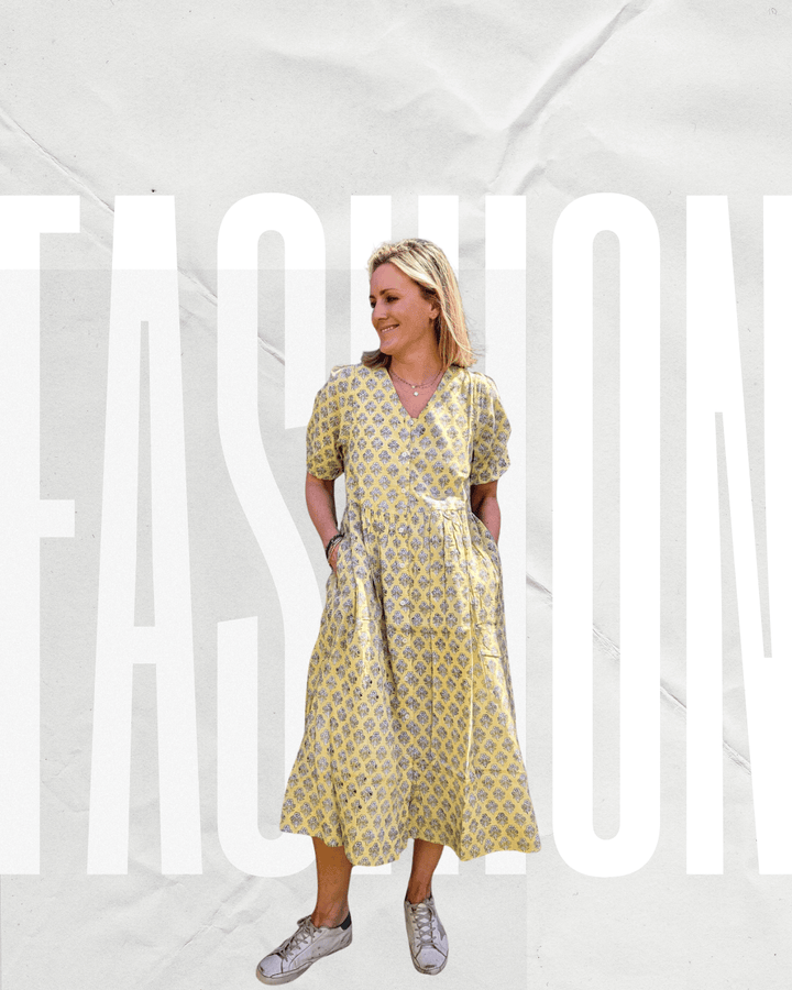 Dani Yellow V-Neck Cotton Dress – Handcrafted in Jaipur-Dresses-LNH Edit